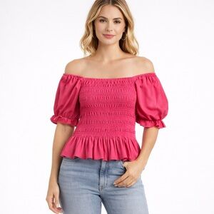 WAYF Pink Smocked Square Neck Puff Sleeve Peplum Top Shirt Womens‎ S